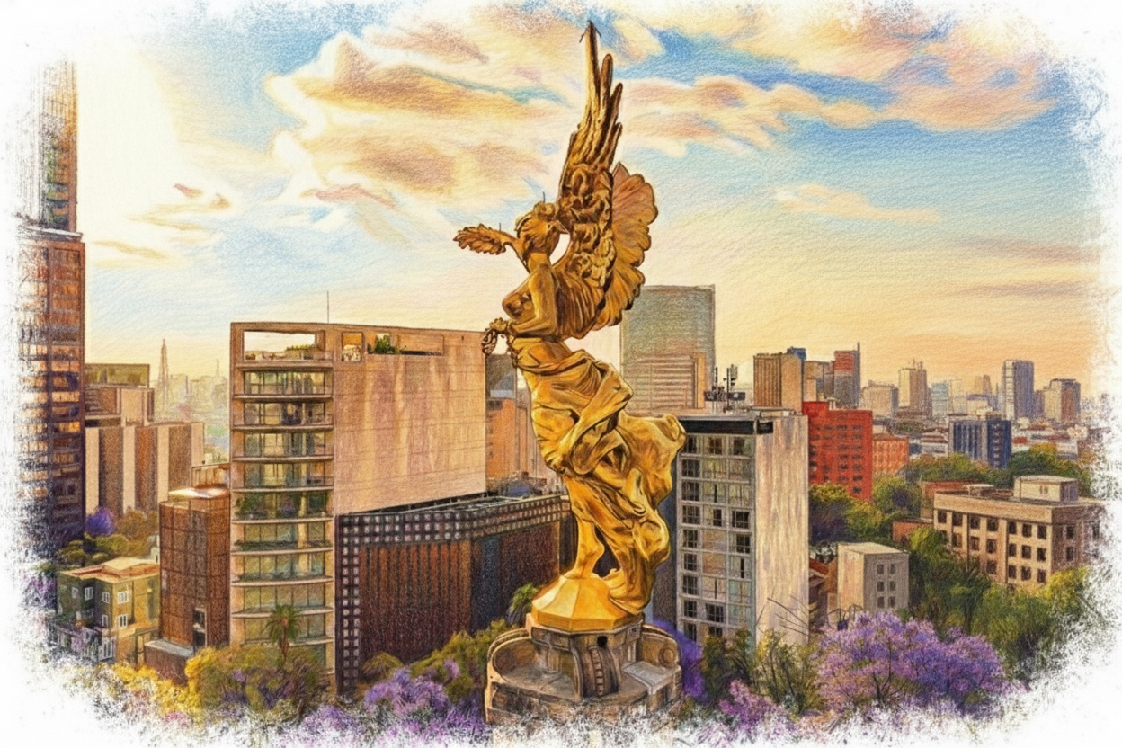 El Ángel monument on Paseo de la Reforma at golden hour, illustrated